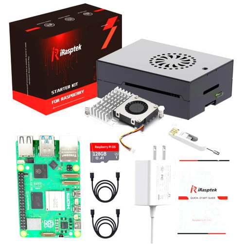 IRasptek Raspberry Pi 5 Starter Kit 8GB RAM-Pre-Loaded with 128GB Edition Raspberry Pi OS (Aluminum Case)