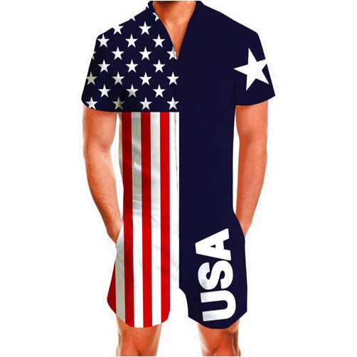 Goodstoworld Male Hawaiian Romper Fashion Zipper Slim Fit Jumpsuit with Pocket S-XXL