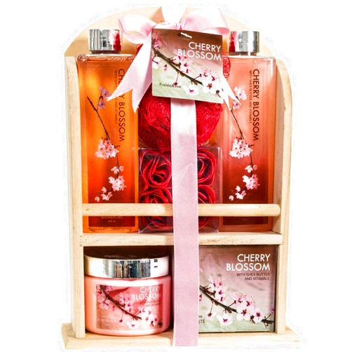 Freida and Joe Deluxe Cherry Blossom Spa Basket - Home Spa Set with Bubble Bath, Bath Salts, Body Lotion, Bath Puff, and Rose Soaps in Wooden Curio Valentines Gift for Women