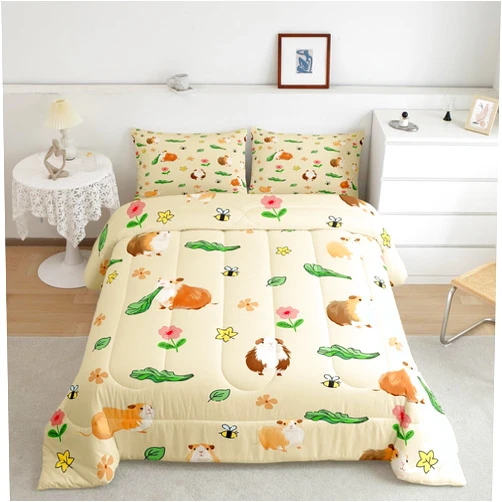 Erosebridal Cute Guinea Pig Comforter Set Full for Kids Girls Boys,Funny Guinea Pig Bedding Set Gifts for Pet Lovers,Animal Print Bee Comforter Set Kawaii Room Decor,Leaf Flower Quilt Bed Set 3Pcs