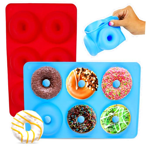 HOTPOP Silicone Donut Molds for Top of Baking Sheet, 6 Donuts, Set of 2 (Red, Blue) - Silicone Donut Molds for Baking, Donut Pans Nonstick, Donut Mold Silicone, Silicone Donut Pan for Baking