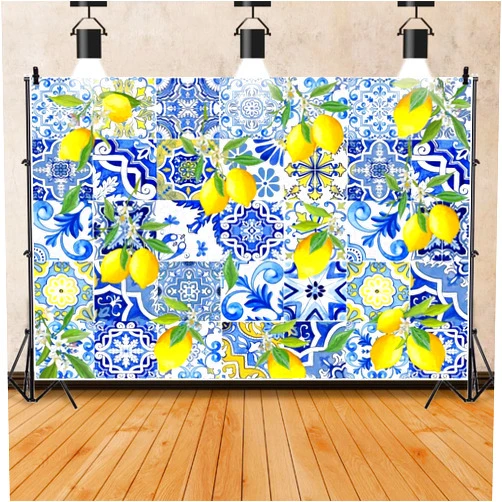 Pnylzzyxh Blue Tiles lemon Backdrop Summer Fruit Baby Shower Birthday Party Backdrop Tile Lemon Wall Paper Dessert Table Supplies Backdrop Banner Photography Background Studio Props 7x5ft