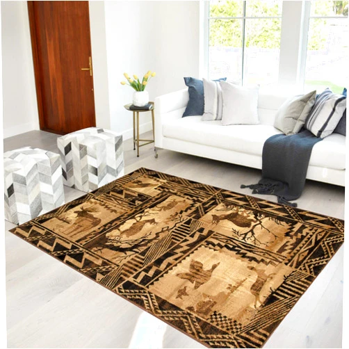HR HANDCRAFT RUGS HR-Lodge, Cabin Nature and Animals Area Rug–(5’ 2” X 7’ 2”) Nature Pattern Cabin Area Rug–Abstract, Chocolate Brown/Beige-Rabbit/Deer/Moose/Birds