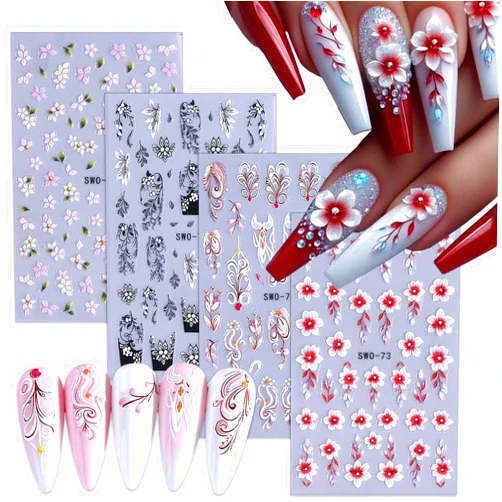 KTAABTR 4 Sheets Flowers Nail Stickers 3D Self Adhesive Floral Nail Art Stickers Design Spring Summer Floral Leaf Plant Nail Supply Flower Nail Decals for Women Girls DIY Manicure Decoration