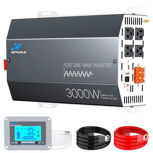 ZETAWALE 3000 Watt Pure Sine Wave Inverter 12v DC to 110v 120v AC Converter,6000W Peak Power Inverter with 4 AC Outlets,USB Port,Type-C,Remote Control LCD Display for Truck, RV, Vehicles, Solar Off-Grid