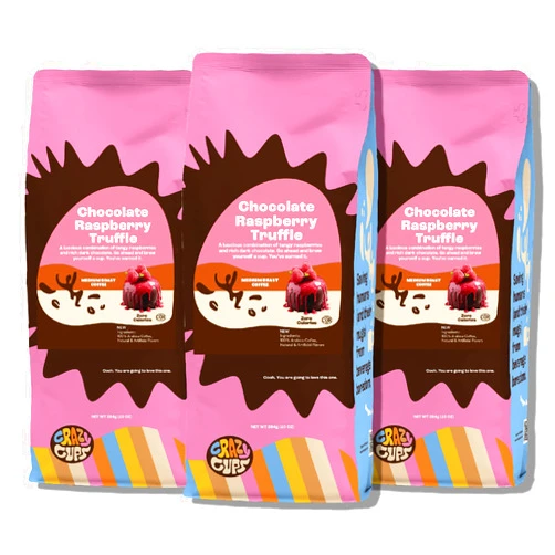 Crazy Cups Flavored Ground Chocolate Coffee, Chocolate Raspberry Coffee in 10 oz Bag, For Brewing Flavored Hot or Iced Coffee, 3 pack