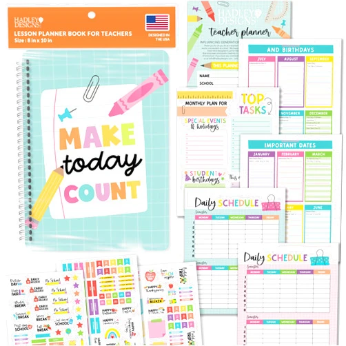 Hadley Designs Teacher Planner 2024-2025 - Colorful Undated Lesson Planner Book with Stickers, Monthly & Weekly Pages, Student & Substitute Info – Homeschool & Classroom Organizer