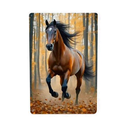 KRECDKQ Metal Poster Sign Decor Brown Horse Running Forest Cool Vintage Aluminum 8x12 Inch Posters Retro Wall Art Decor for Home Bar Club Garage Cafe Street Garden Farmhouse Outdoor