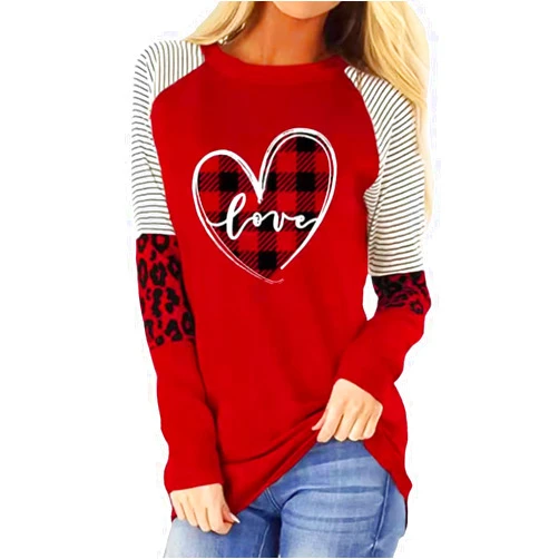 TIXOM Women's Valentine's T-Shirt Leopard Stripe Splicing Sleeve Raglans Shirt Love Heart Printed Buffalo Plaid Graphic Tees