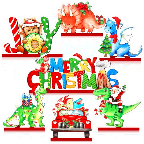 Pickmesh 7 Pcs Christmas Dinosaur Table Signs Decorations Merry Christmas Wooden Centerpiece Ornaments Watercolor Dino Wood Desktop Decor for Kitchen Home Winter Xmas Holidays Theme Party Supplies