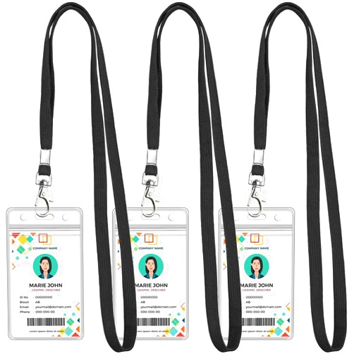Koorito 3 Pack Clear ID Badge Holder with Lanyard Black Lanyards with Vertical Waterproof ID Badge Holder for Office, School, Travel
