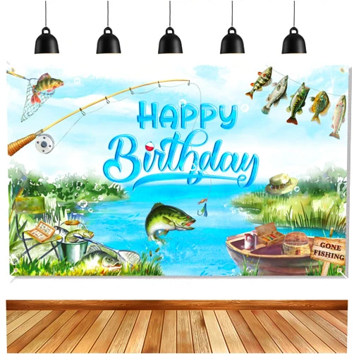 Ushinemi Fishing Birthday Party Decorations Gone Fishing Happy Birthday Banner, Fishing Themed Background Bass Fishing Party Supplies for Adults and Kids 6 x 3.6 ft