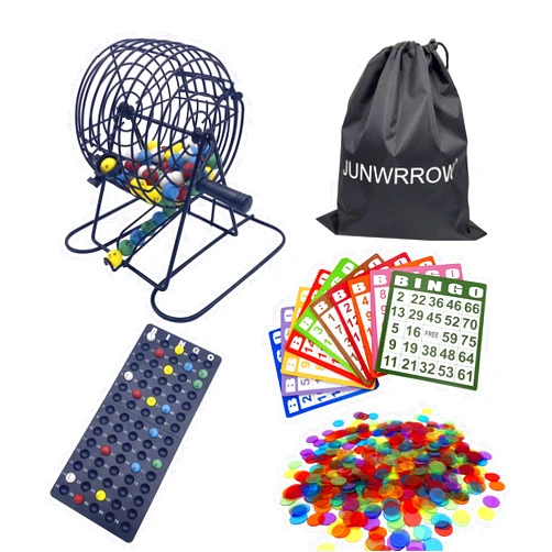 JUNWRROW Deluxe Bingo Set- includes 1000 Colorful Chips with a Bag,100 Mixed Cards,75 Calling Balls with a Bag, 6 Inch Rotary Bingo Cage& Bingo Master Board,Bingo Storage bag -Ideal for Large Groups
