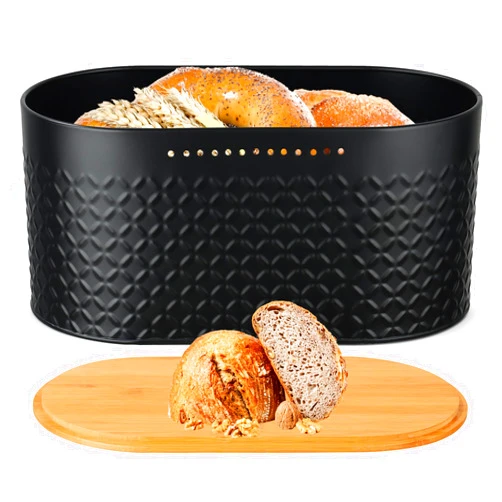 Widousy Bread Bin with Bamboo Cutting Board Lid, Multifunctional Food Storage Containers Black Bread Storage Box Bread Holder Bin for Kitchen Countertop Storage Organizer (Black)