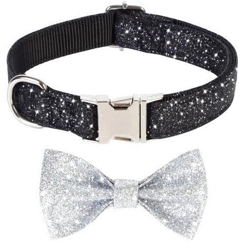Jumpress Bling Dog Bow Tie Collar for Puppy Small Dogs and Cats, Cute Black Boy Dog Collar with Bow for Daily Walking or Holiday Party (Neck fit 9-12’’)