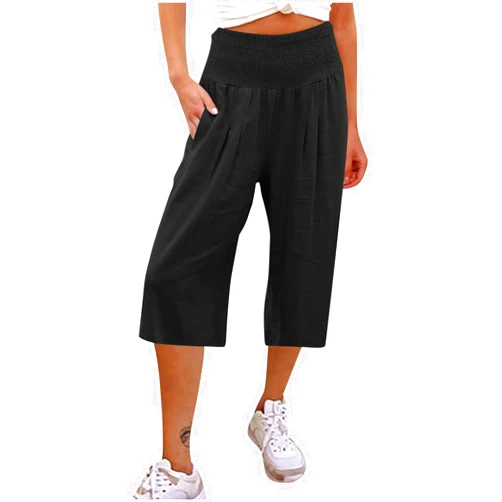 Huilaibazo Womens Capri Wide Leg Pants Boho Cropped Wide Leg Pant Below Knee Length Capris Casual Solid Dressy Palazzo Pants
