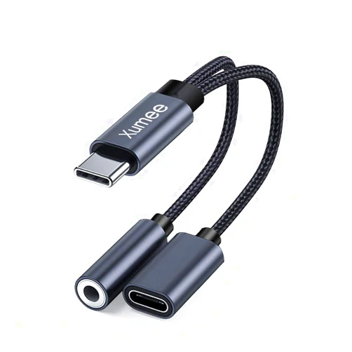 Xumee USB Type C to 3.5mm Headphone and Charger Adapter, 2-in-1 USB C to Aux Audio Jack Hi-Res DAC and Fast Charging Dongle Cable Compatible with iPhone 16/15 Pro Max,Galaxy S25 S24 Ultra (Grey)