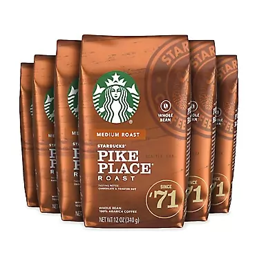 Starbucks Medium Roast Whole Bean Coffee — Pike Place Roast — 6 bags (12 oz. each) Pike Place 12 Ounce (Pack of 6)