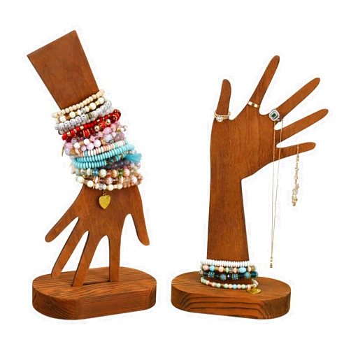 MOOCA 2 Pcs Set Multi-Functional Tabletop or Wall-Mountable Wooden Hand-Shaped Jewelry Display Stand For More Bracelet Storage, Premium Real Wood Sturdy Base, Brown Color