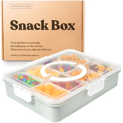 Pebble Bay Road [2025 Upgrade] Dishwasher Safe Snack Box, Spacious Divided Serving Tray Container with Lid and Handle for Charcuterie, Candy, Fruit, Nuts, Snacks - Great for Picnic, Roadtrip, Party, Travel - SAGE