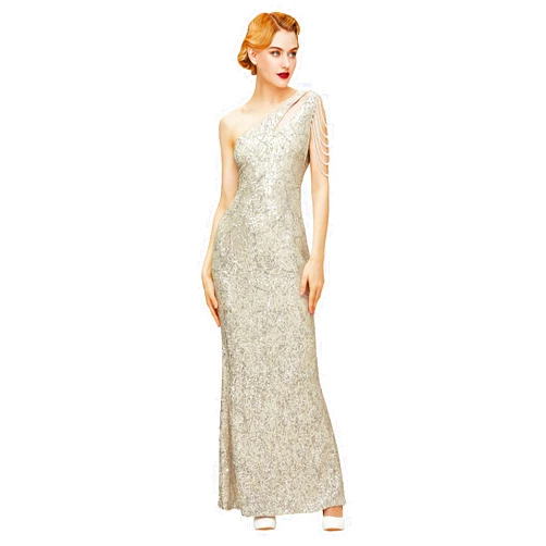 BABEYOND Women's Sequin Prom Dress - One Shoulder Maxi Dress Gowns and Evening Dresses for Party Wedding Guest Silver