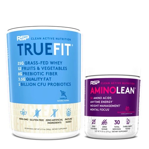RSP NUTRITION AminoLean Pre Workout Energy (BlackBerry Pomegranate 30 Servings) with TrueFit Protein Powder (Vanilla 2 LB)