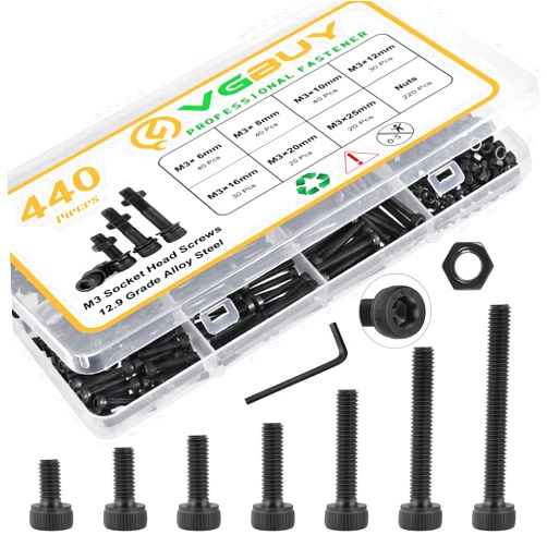 VGBUY 440Pcs M3 Screws Kit for 3D Printer DIY,220Pcs M3 Screw (6-25mm),220Pcs M3 Nut,Hex Socket Head Cap Small Metric Bolts Nuts Assortment,12.9 Grade Alloy Steel,Black Oxide, M3x6/8/10/12/16/20/25mm