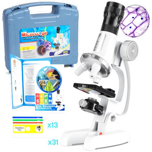 Uarzt Kids Beginner Microscope Science Kit with 100X-1200X [2024 New] Microscope, 13 Prepared Slides & DIY Blank Slides, 18MM HD Len, LED Light Adjustable and ABS Carry Box, Microscope for Kids 5-7 8-12
