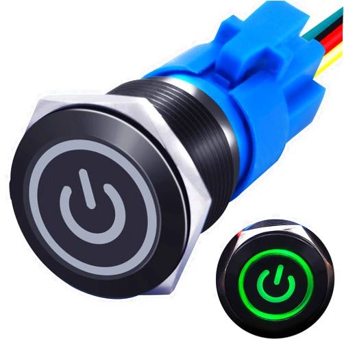 mxuteuk 19mm Waterproof Latching Push Button Switch 12V ON/Off Switch 1NO 1NC SPDT Black Metal with Green Power Symbol Light with Wire Suitable for 3/4