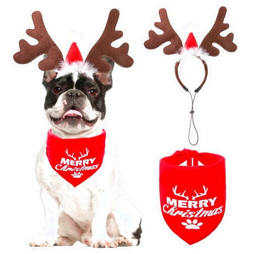 KOOLTAIL Christmas Dog Elk Reindeer Antler Headband with Santa Hat & Bandana Set, Dog Pet Christmas Costume Accessories Headwear Deer Cosplay for Small Medium Large Dogs Cats Puppy Holiday New Year