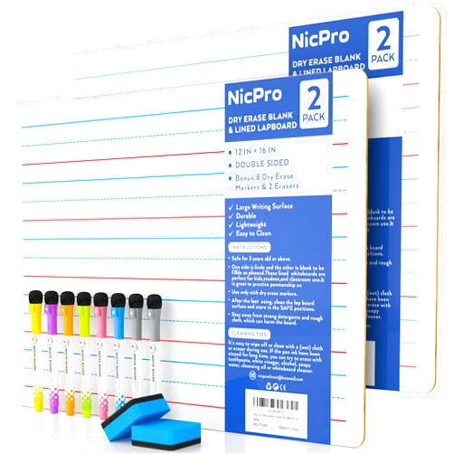 Nicpro Dry Erase Lap Board 12 x 16 inches 2 Pack Ruled Kid Double Sided Blank & Lined Small Lapboard with 8 Pens, 2 Eraser, Learning Mini Whiteboard Portable for Student and Classroom Use