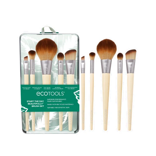 EcoTools Start The Day Beautifully 6 Piece Makeup Brush Set, Makeup Brushes For Eyeshadow, Blush, Concealer, & Foundation Application, Eco-Friendly, Gift Set, Synthetic Hair, Vegan & Cruelty-Free