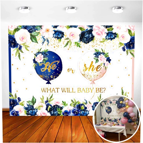 Avezano Navy and Blush Gender Reveal Backdrop He or She Navy Blue Blush Pink Floral Baby Gender Reveal Photography Background Pregnancy Reveal Surprise Boy or Girl Party Decoration Backdrops (7x5ft)