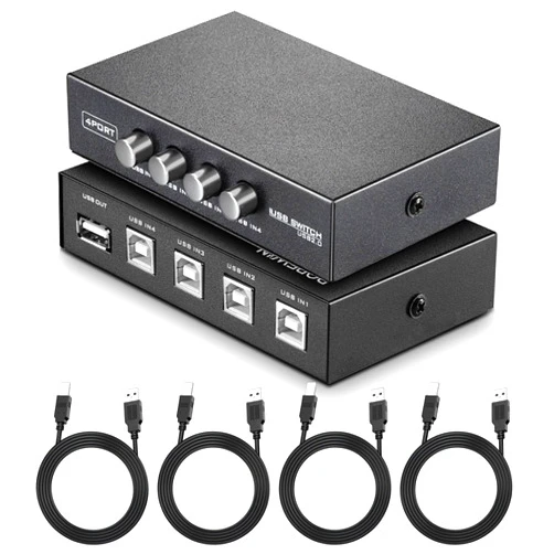 RIJER Bundle for Printer Switch 4 Port USB 2.0 Manual Sharing Switch, 1Port Printer Scanner Hub with 4 PCS Printer Scanner Cable Cord USB Type A Male to B Male