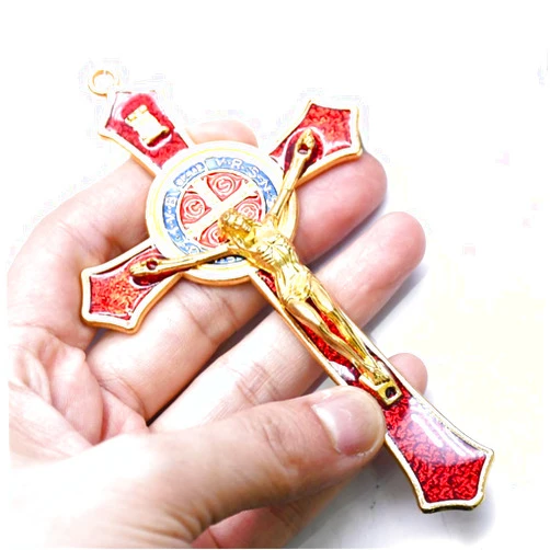 Bovemee Saint Benedict Benedictine Red Enamel 4.7X2.7 Inch Protection Wall Crucifix Cross Catholic San Benito Medalla Prayer Decoration