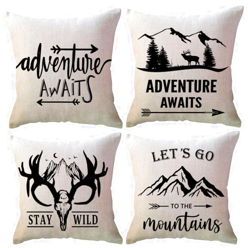 ULOVE LOVE YOURSELF Adventure Awaits Throw Pillow Cover with Arrows Let’s Go to The Mountains/Stay Wild Adventure Decor Cushion Covers Cabin/Camper Decorative Pillowcases 18 x 18 Inch,Set of 4