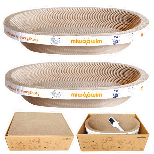 Miwoowim 4PCS 2 Cat Scratcher Bowl +1 Corrugated Scratch Pad with Box+ 1 Brush,Oval Shape Cat Scratcher Cardboard Bed, Scratching Lounge Bed, Cute Round Scratcher