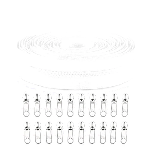 Sawoake #5 Nylon Coil Zippers by The Yard Bulk 10 Yards with 20pcs Zipper Sliders for DIY Sewing Tailor Craft Bag Garment Home Textile…(White)