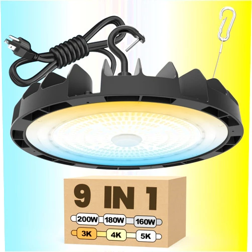 YARBO 200W LED High Bay Light 180W 160W Selectable, 3000K/4000K/5000K Switchable UFO LED High Bay Light, US Plug 5' Cable, Hanging Hook, Safe Rope, Non-Dimmable, High Bay LED Shop Lights for Warehouse