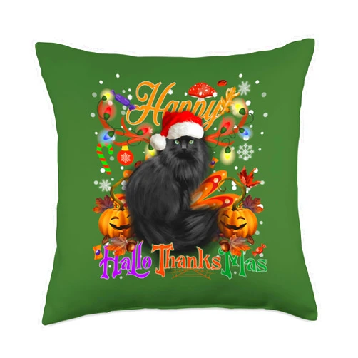 Funny Black Cat Happy Hallothanksmas Gifts Black Cat Happy Hallothanksmas Halloween Thanksgiving Xmas Throw Pillow, 18x18, Multicolor