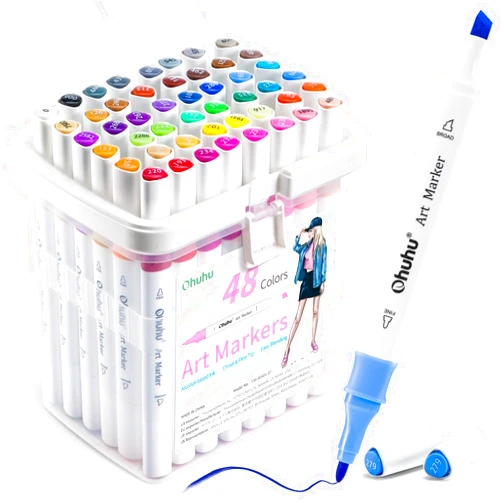 Ohuhu Markers, 48-color Double Tipped Alcohol Markers, Chisel & Fine Alcohol-based Art Marker Set for Adults Coloring Illustration, Great Value Pack for Students' Art Class, Better Designed Grip