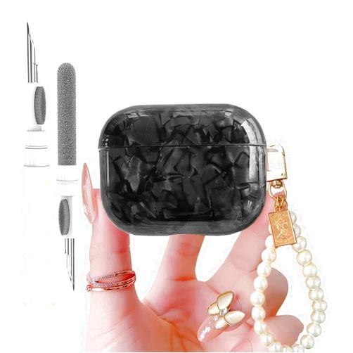 Olytop for Cute Glitter Airpods Pro/Pro 2 Gen Case with Cleaner Pen, Shell Pattern iPod Pro 2nd/1st Generation Cover Protective Skin Girl Women with Luxury Pearl Keychain 2023/2022/2019 - Black