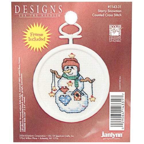 Janlynn 1143-31 18 Count Mini Counted Cross Stitch Kit, 2.5-Inch, Round, Starry Snowman