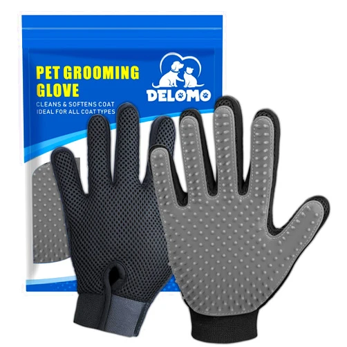 DELOMO Upgrade Version Pet Grooming Glove - Gentle Deshedding Brush Glove - Efficient Pet Hair Remover Mitt - Enhanced Five Finger Design - Perfect for Dog & Cat with Long & Short Fur - 1 Pair (Gray)