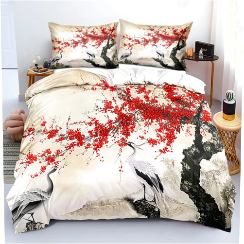 CCoutueChen Japanese Flower Crane Comforter Set Queen Size Red Cherry Blossom Bedding Set Retro Floral Bird Comforter Sets Floral Animal Bed Set Soft Botanical Comforter for All Season(Gilrs Women)