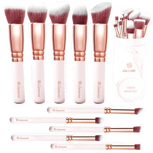 Lamora Kabuki Makeup Brush Set - Foundation Powder Blush Concealer Contour Brushes - Perfect for Liquid, Cream or Mineral Products - 10 Pc Collection with Premium Synthetic Bristles for Eye and Face Cosmetic