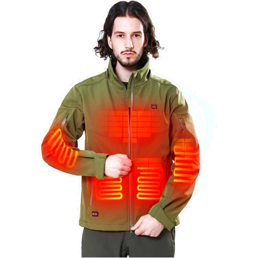DEWBU Soft Shell Heated Jacket for Men with 12V Battery Pack and Detachable Hood Outdoor Electric Heating Coat