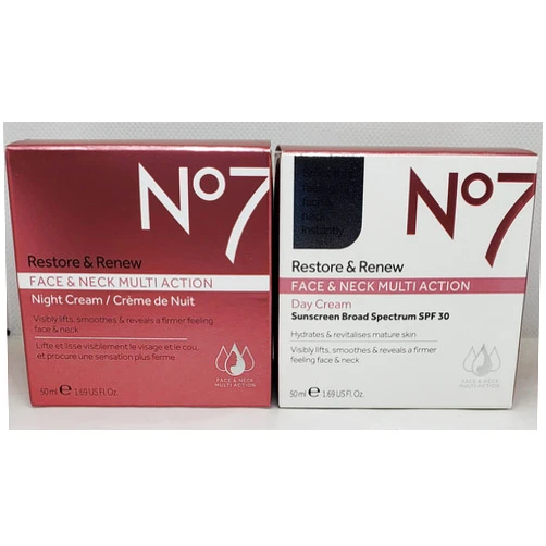 No7 Restore & Renew FACE & NECK MULTI ACTION Day/Night Creams 2 x 50ml