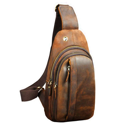 Le'aokuu Mens Outdoor Casual Tea Travel Hiking Crossbody Chest Sling Bag Rig One Shoulder Strap Bag Backpack Men Leather 010