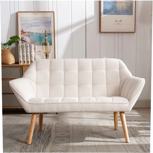 ZSARTS 48 inch Small Loveseat for Small Spaces, Modern Sherpa Mini Sofa Couch Upholstered High Wingback Chair 2-Seat Armchair with Wood Legs for Bedroom Living Room, White